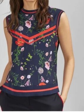 Ted Baker Namib Hedgerow Navy Floral Sleeveless Knit Top with Red Trim
